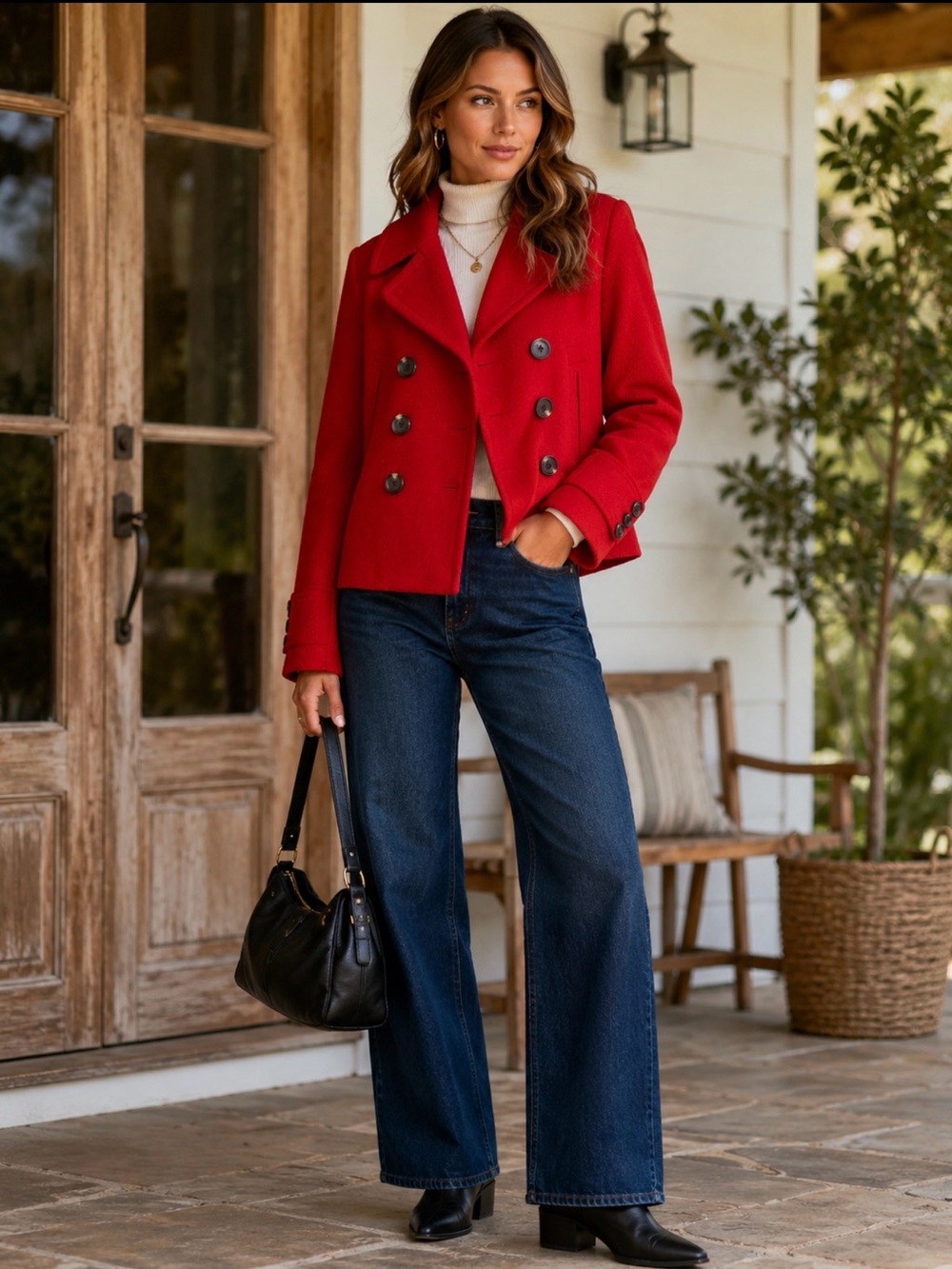 New York Classics Red Wool Blend Cropped Peacoat Double Breasted XL